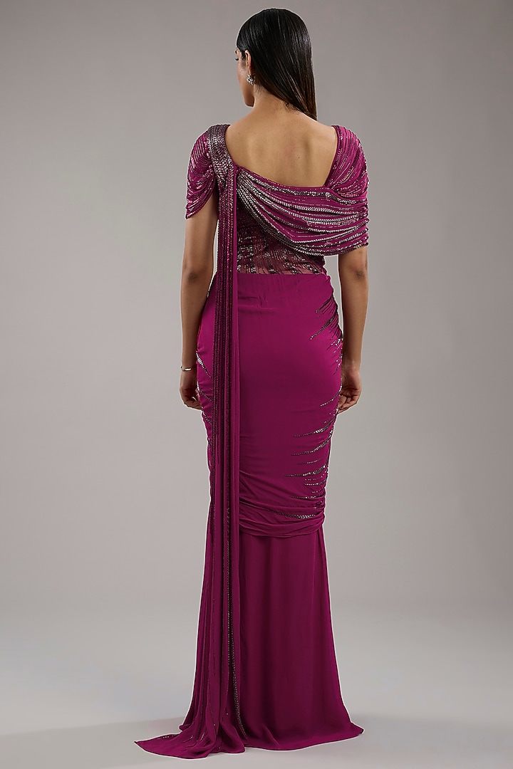 Fuchsia Viscose Georgette Bugle Bead Embroidered Draped Bridal Gown Saree by Gaurav Gupta at Pernia's Pop Up Shop