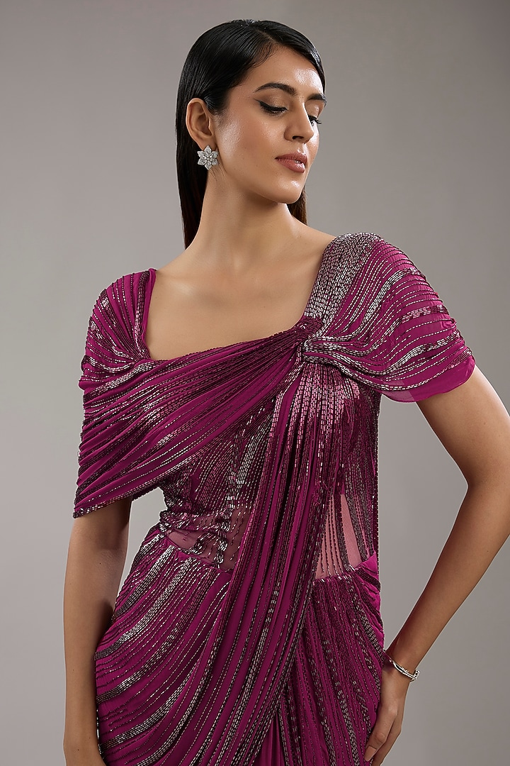 Fuchsia Viscose Georgette Bugle Bead Embroidered Draped Bridal Gown Saree by Gaurav Gupta at Pernia's Pop Up Shop