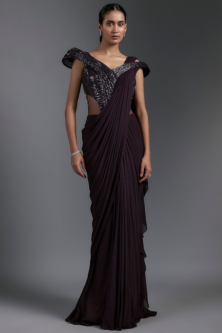 Grape Purple Sequins Sculpted Gown Saree by Gaurav Gupta at Pernia's Pop Up Shop