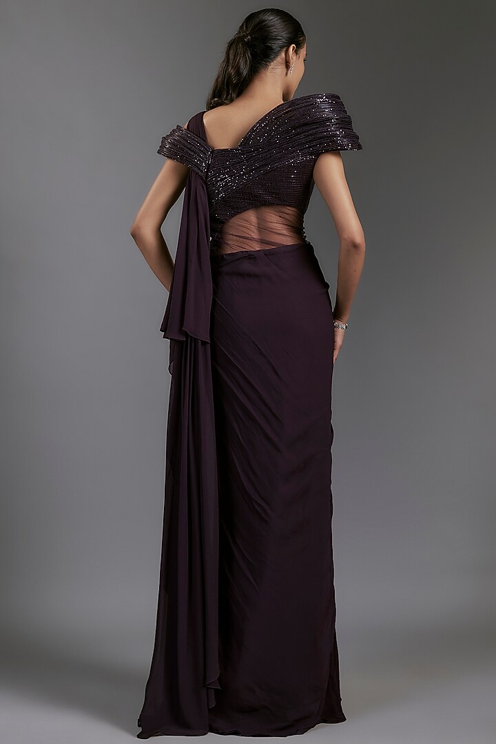 Grape Purple Sequins Sculpted Bridal Gown Saree by Gaurav Gupta at Pernia's Pop Up Shop