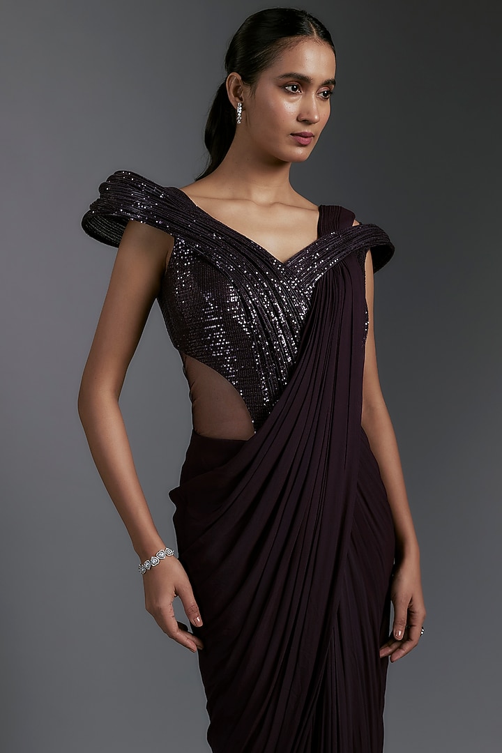 Grape Purple Sequins Sculpted Bridal Gown Saree by Gaurav Gupta at Pernia's Pop Up Shop