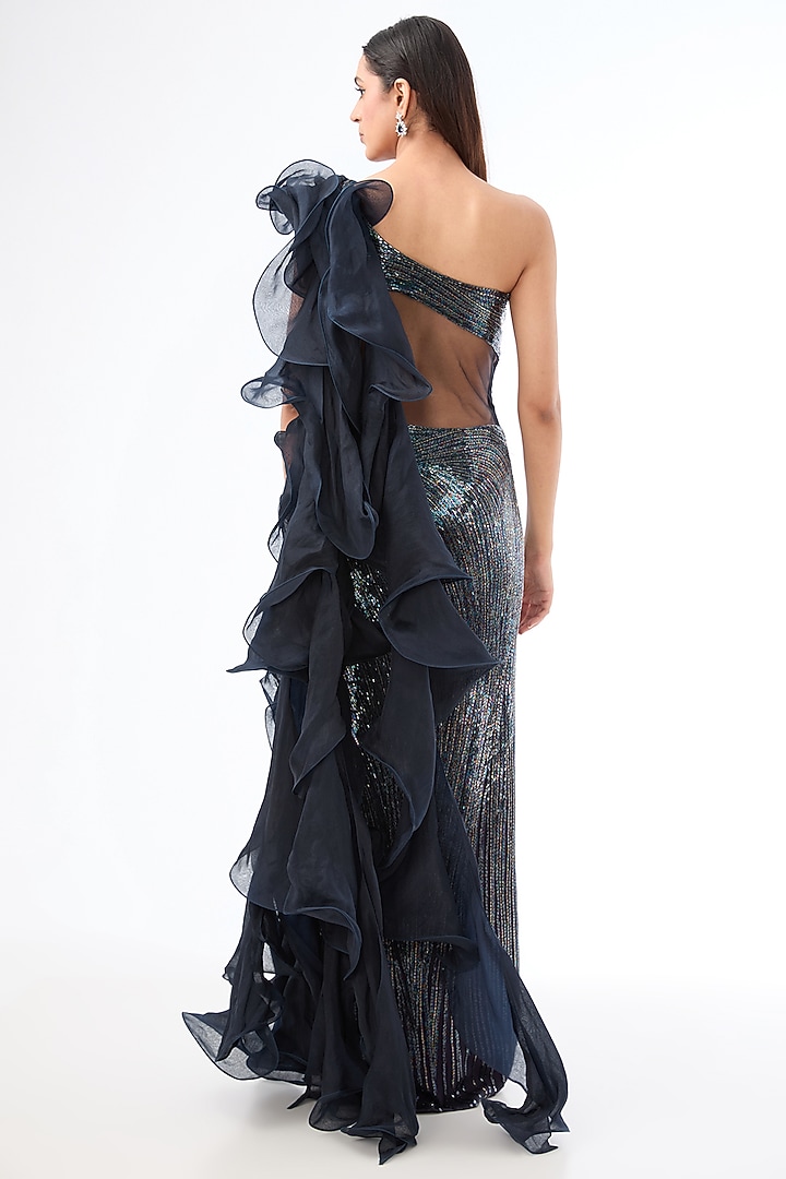 Midnight Blue Crepe Glass Embroidered One-Shoulder Bridal Gown by Gaurav Gupta at Pernia's Pop Up Shop