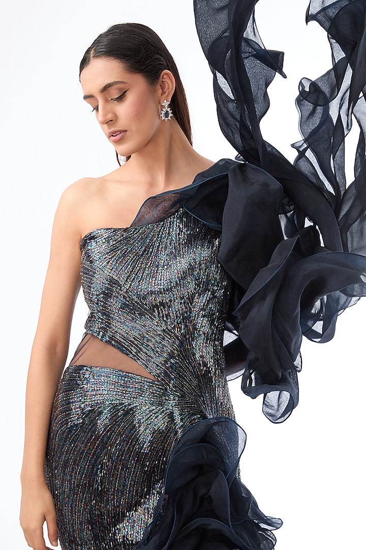Midnight Blue Crepe Glass Embroidered One-Shoulder Bridal Gown by Gaurav Gupta at Pernia's Pop Up Shop