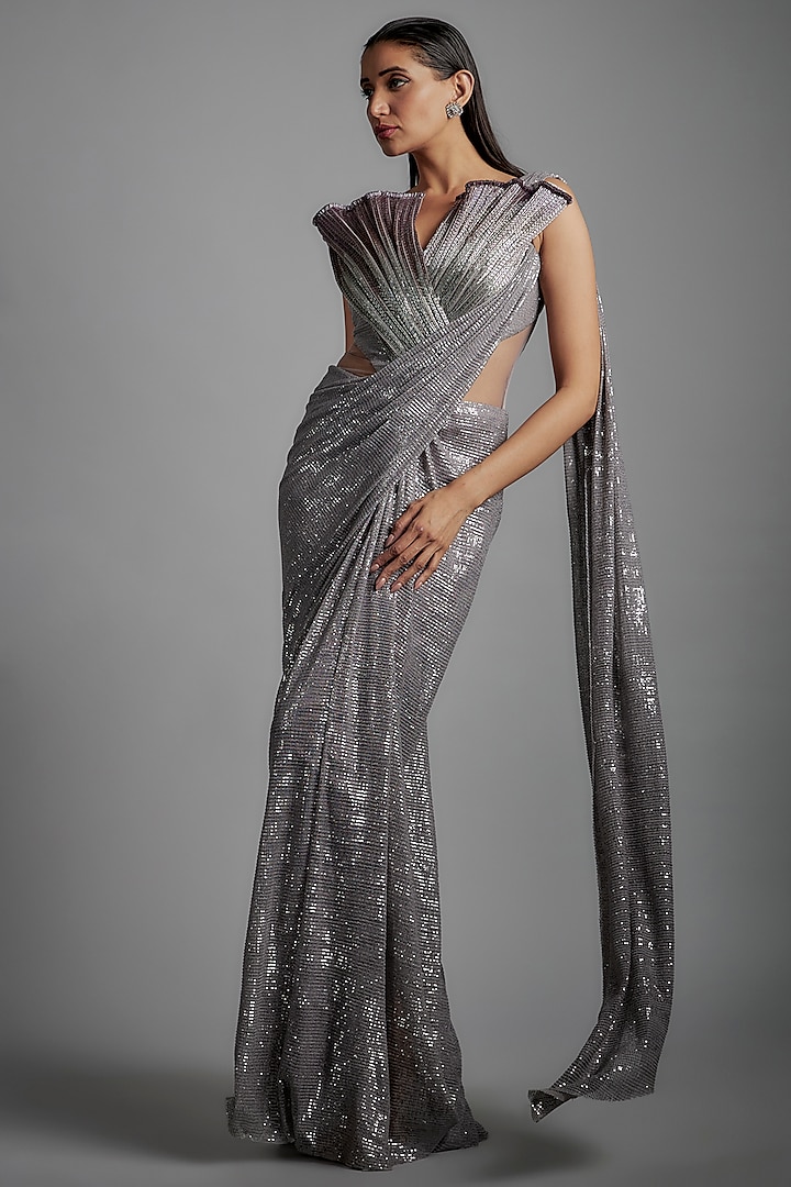 Dusty Silver Sequins Bugle Bead Embroidered Gown Saree by Gaurav Gupta