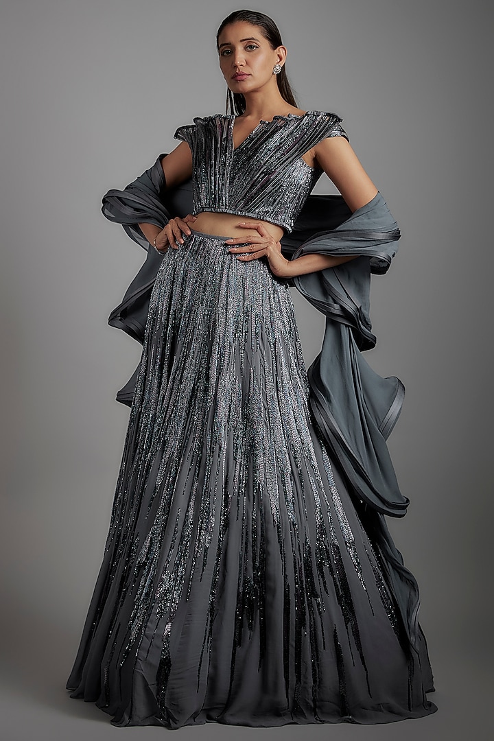 Lava Grey Rayon Georgette Sequins Embellished Bridal Lehenga Set by Gaurav Gupta at Pernia's Pop Up Shop
