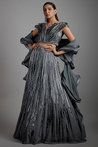 Lava Grey Rayon Georgette Sequins Embellished Lehenga Set by Gaurav Gupta
