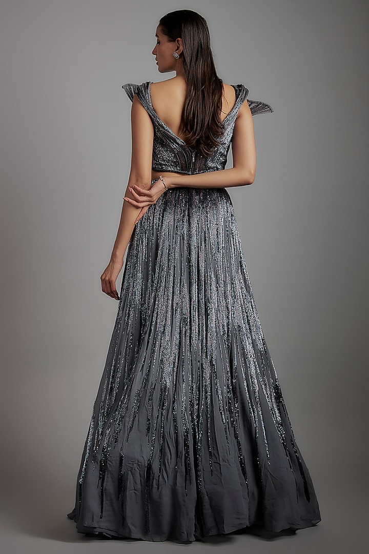 Lava Grey Rayon Georgette Sequins Embellished Bridal Lehenga Set by Gaurav Gupta at Pernia's Pop Up Shop