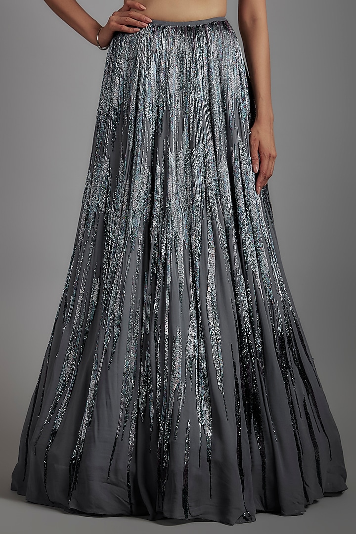 Lava Grey Rayon Georgette Sequins Embellished Bridal Lehenga Set by Gaurav Gupta at Pernia's Pop Up Shop