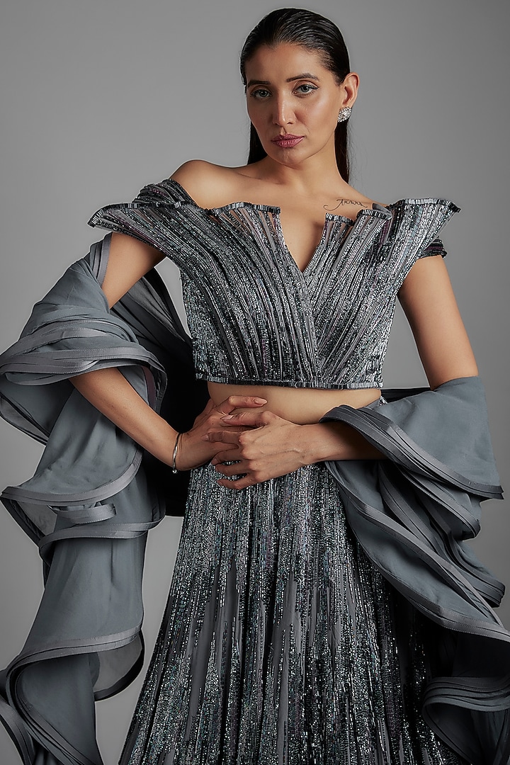 Lava Grey Rayon Georgette Sequins Embellished Bridal Lehenga Set by Gaurav Gupta at Pernia's Pop Up Shop