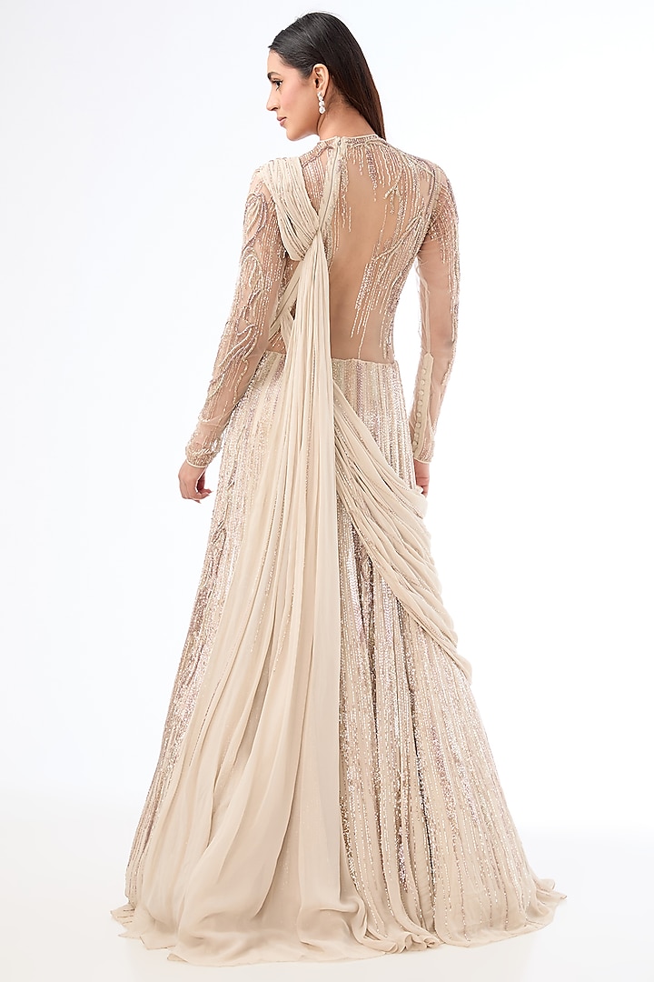 Sage Gold Viscose Georgette Glass Embroidered Bridal Lehenga Saree by Gaurav Gupta at Pernia's Pop Up Shop