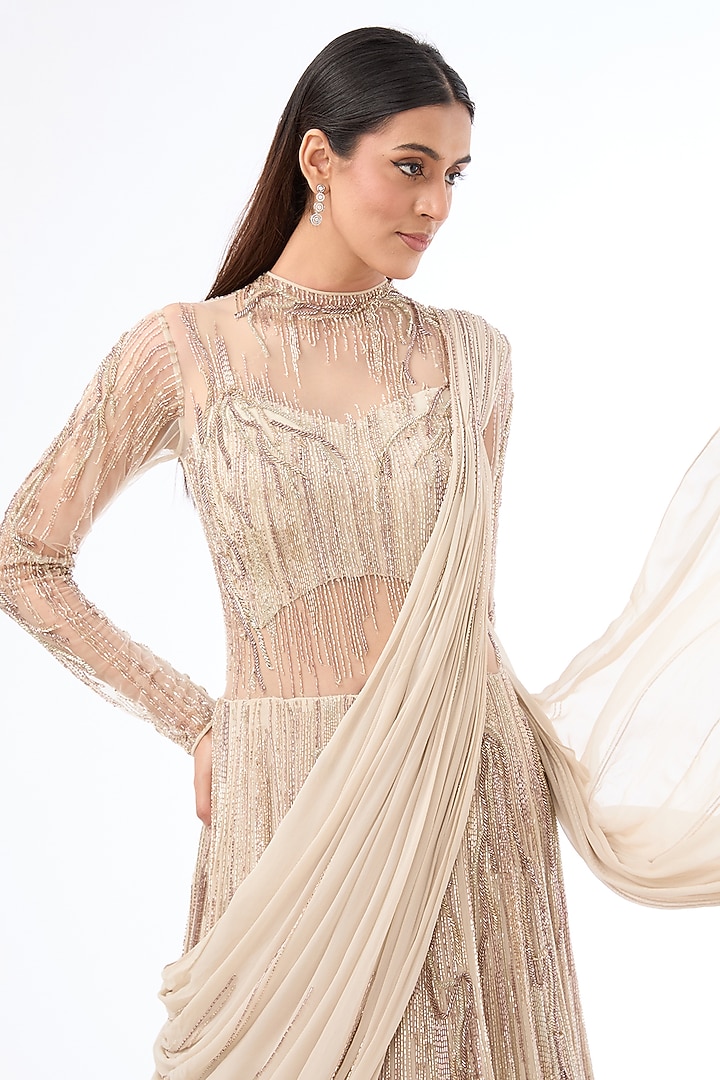 Sage Gold Viscose Georgette Glass Embroidered Bridal Lehenga Saree by Gaurav Gupta at Pernia's Pop Up Shop
