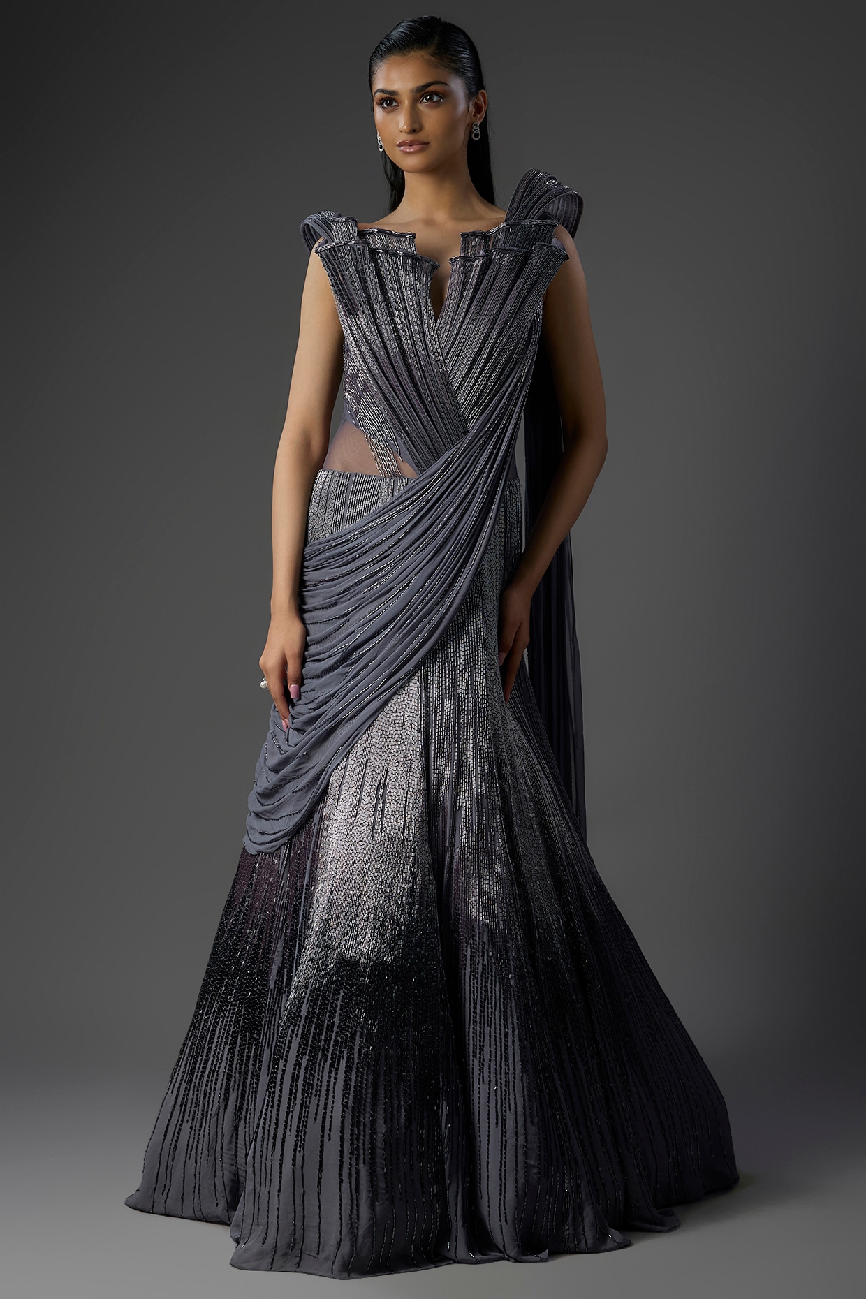 Gaurav Gupta Lava Grey Georgette Lehenga Saree