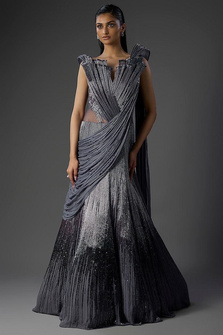 Lava Grey Georgette Bridal Lehenga Saree  by Gaurav Gupta at Pernia's Pop Up Shop