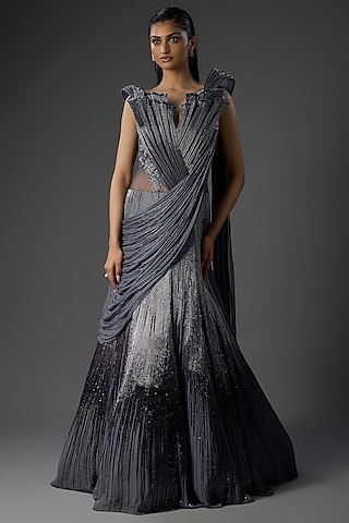 Lava Grey Georgette Lehenga Saree  by Gaurav Gupta