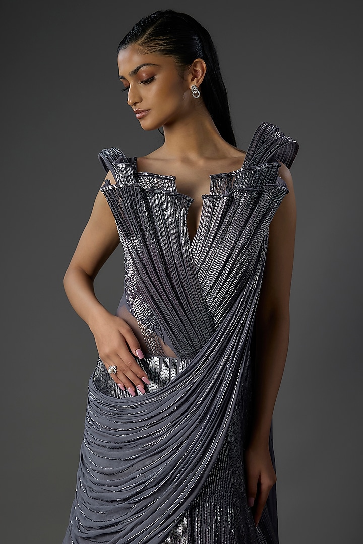 Lava Grey Georgette Bridal Lehenga Saree by Gaurav Gupta at Pernia's Pop Up Shop