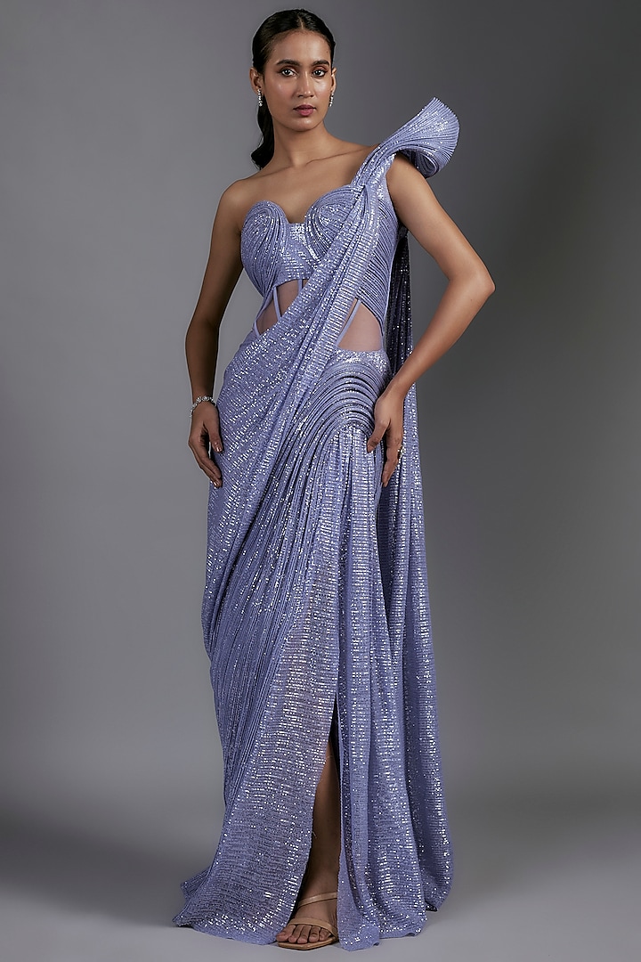 Amethyst Sequins Bugle Beads Embroidered Sculpted Gown Saree by Gaurav Gupta at Pernia's Pop Up Shop