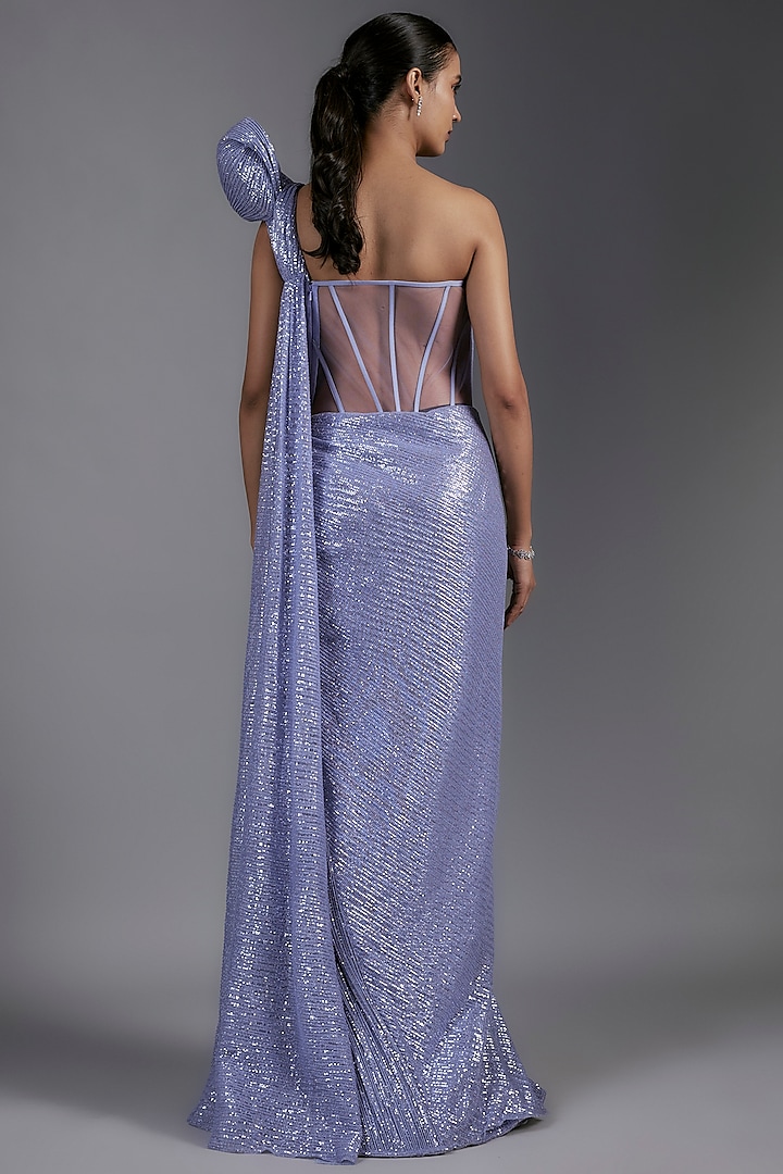 Amethyst Sequins Bugle Beads Embroidered Sculpted Bridal Gown Saree by Gaurav Gupta at Pernia's Pop Up Shop