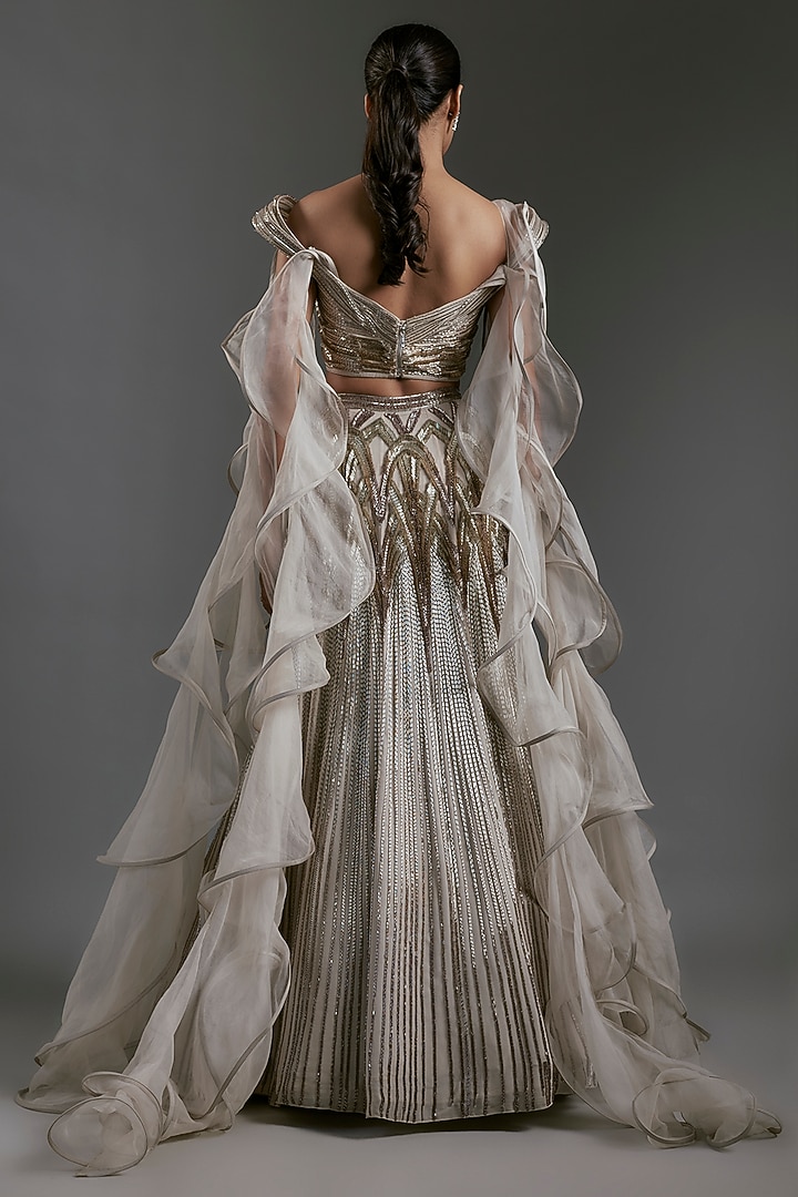 Sage Gold Viscose Georgette Bugle Beads Embroidered Bridal Lehenga Set by Gaurav Gupta at Pernia's Pop Up Shop