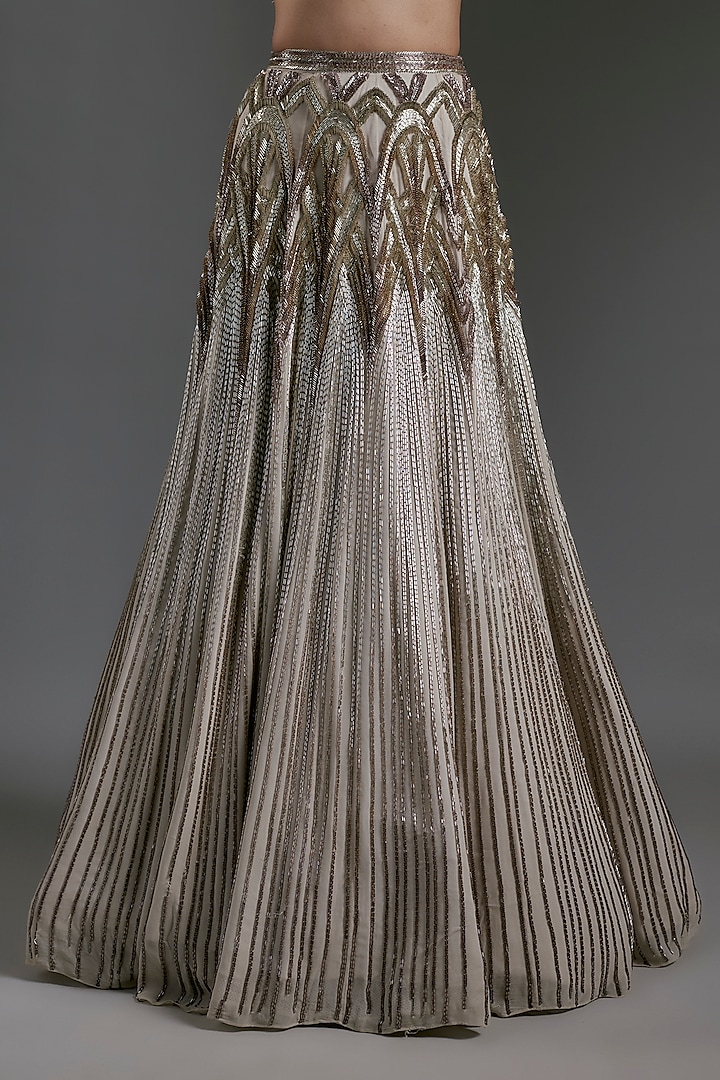 Sage Gold Viscose Georgette Bugle Beads Embroidered Bridal Lehenga Set by Gaurav Gupta at Pernia's Pop Up Shop