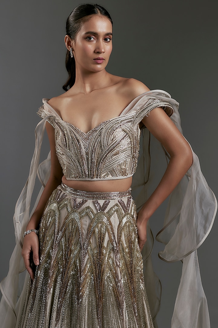 Sage Gold Viscose Georgette Bugle Beads Embroidered Bridal Lehenga Set by Gaurav Gupta at Pernia's Pop Up Shop