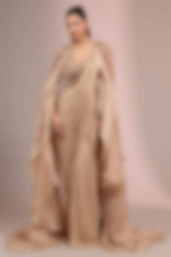 Champagne Rayon Georgette Sculpted Draped Saree Set by Gaurav Gupta at Pernia's Pop Up Shop