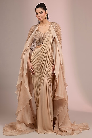 Champagne Rayon Georgette Sculpted Draped Saree Set by Gaurav Gupta