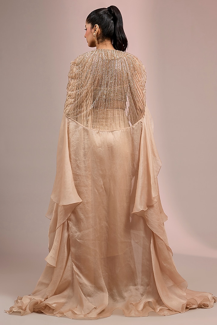 Champagne Rayon Georgette Sculpted Draped Saree Set by Gaurav Gupta at Pernia's Pop Up Shop