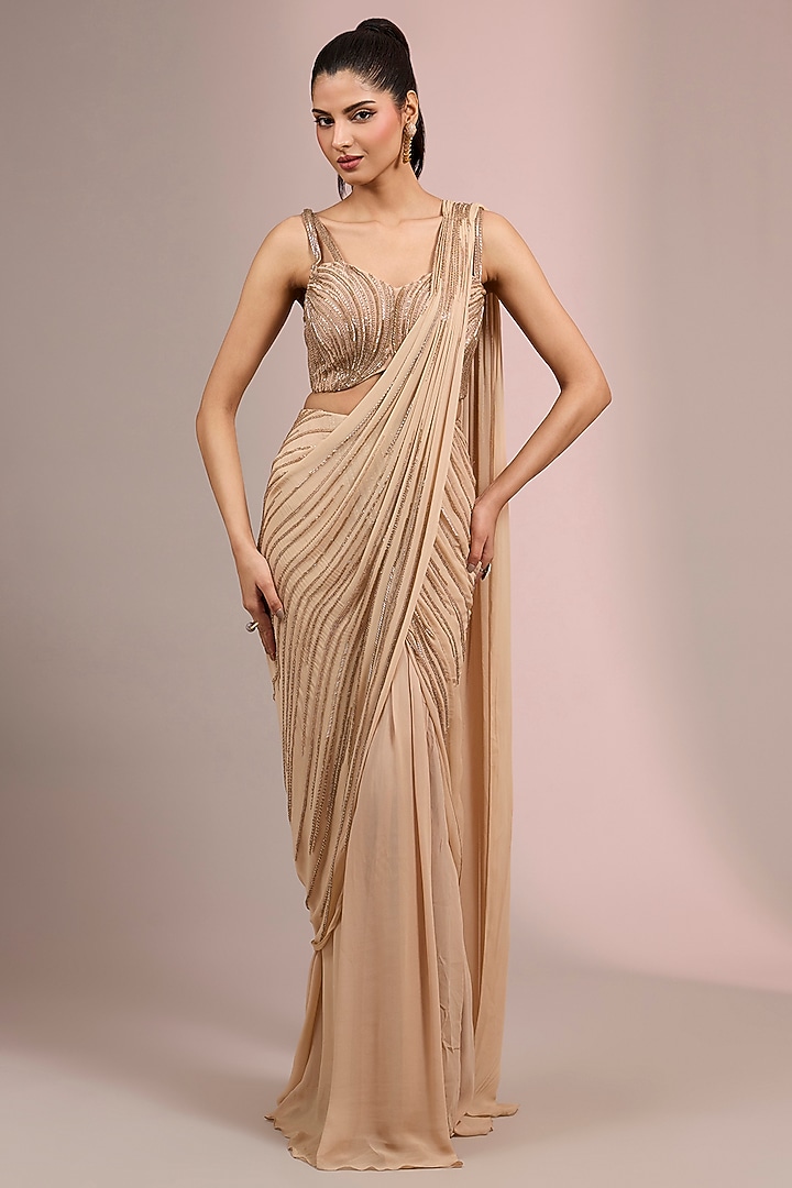Champagne Rayon Georgette Sculpted Draped Saree Set by Gaurav Gupta at Pernia's Pop Up Shop