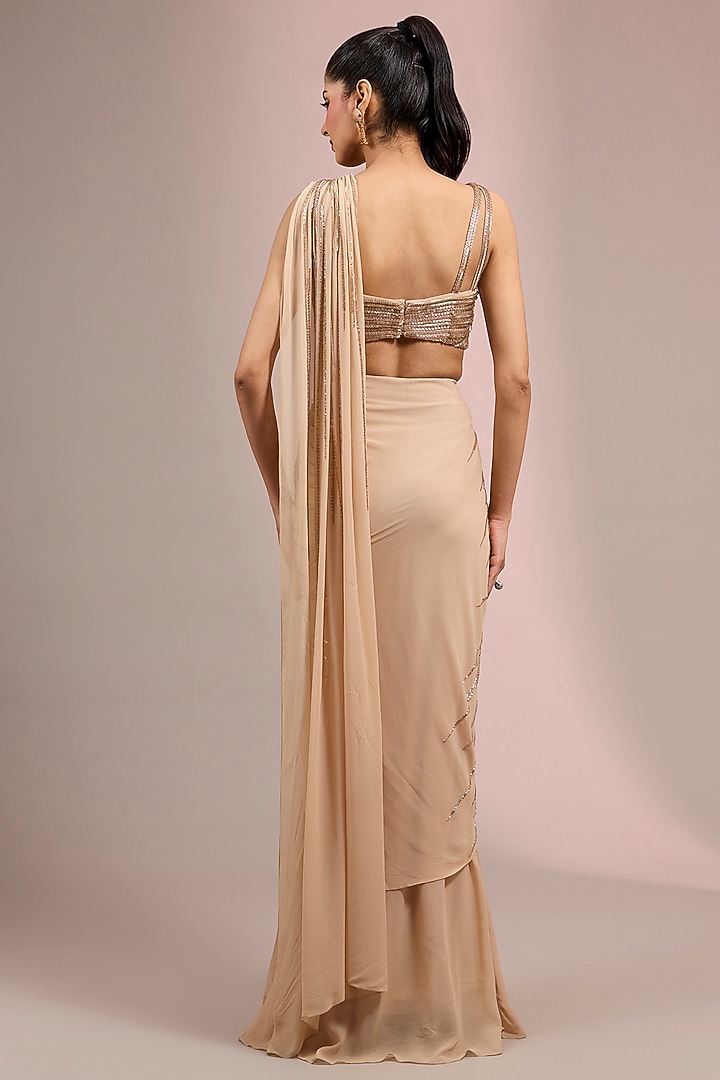 Champagne Rayon Georgette Sculpted Draped Saree Set by Gaurav Gupta at Pernia's Pop Up Shop