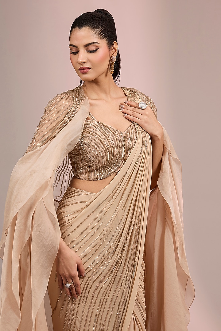 Champagne Rayon Georgette Sculpted Draped Saree Set by Gaurav Gupta at Pernia's Pop Up Shop