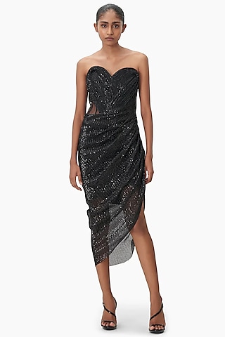 Black Sequin Off-Shoulder Draped Midi Dress by Gaurav Gupta