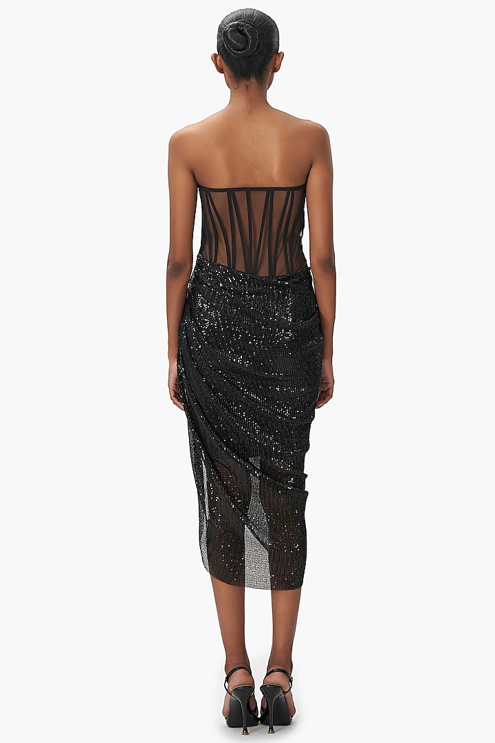 Black Sequin Off-Shoulder Draped Midi Party Wear Dress by Gaurav Gupta at Pernia's Pop Up Shop