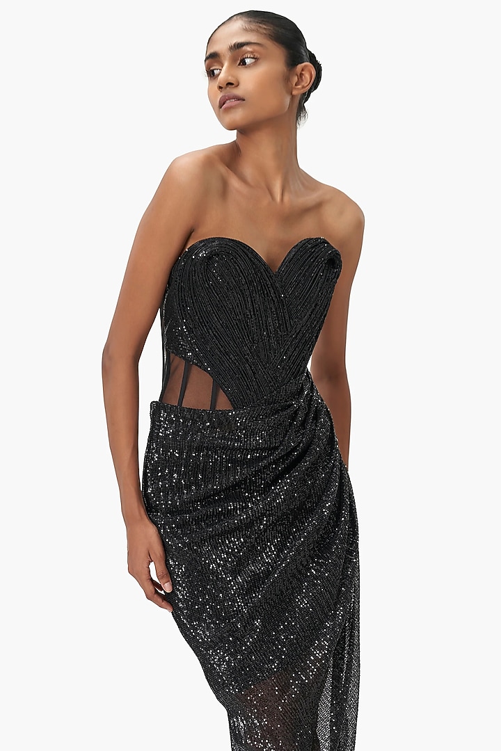 black sequin off the shoulder dress Evening Gown Ladivine CH135 Sparkly Gowns this dress hugs the body and is sure to turn heads Black Sequin Off-Shoulder Draped Midi