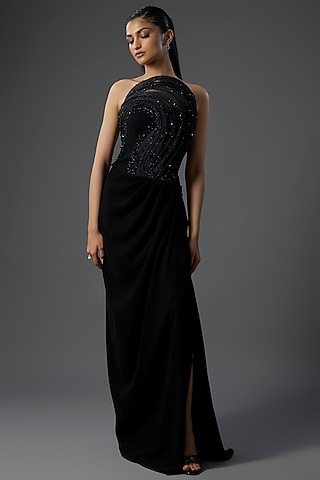 Black Crepe Shimmer Sculpted Gown by Gaurav Gupta
