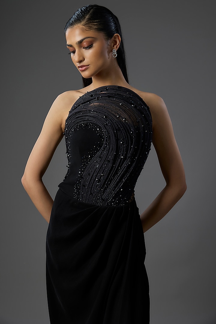 Black Crepe Shimmer Sculpted Bridal Gown by Gaurav Gupta at Pernia's Pop Up Shop