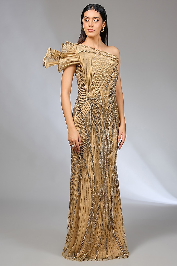 Gold Lame Bugle Beads Embroidered Sculpted Gown Saree by Gaurav Gupta at Pernia's Pop Up Shop