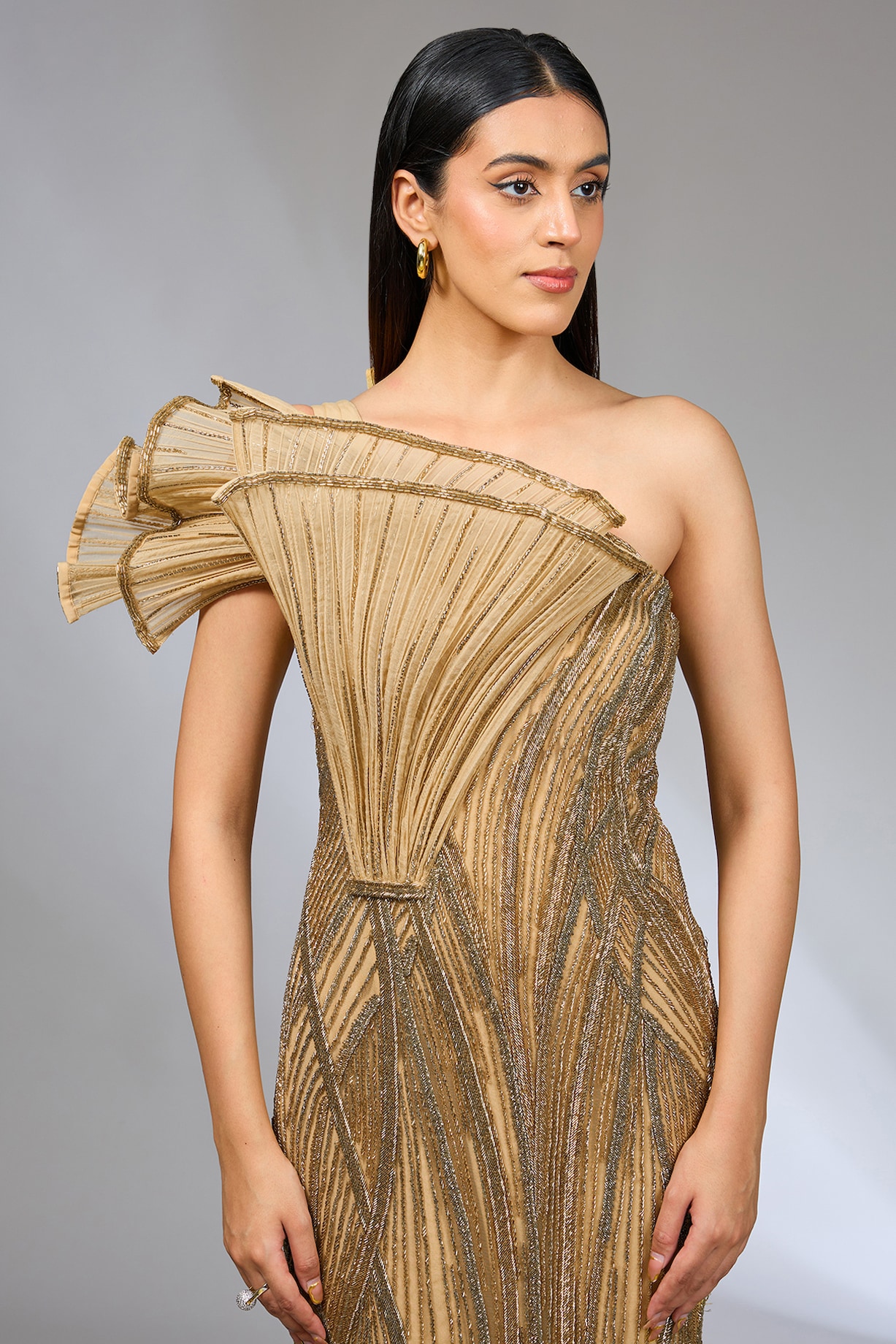 Gold Lame Bugle Beads Embroidered Sculpted Gown by Gaurav Gupta at Pernia's  Pop Up Shop