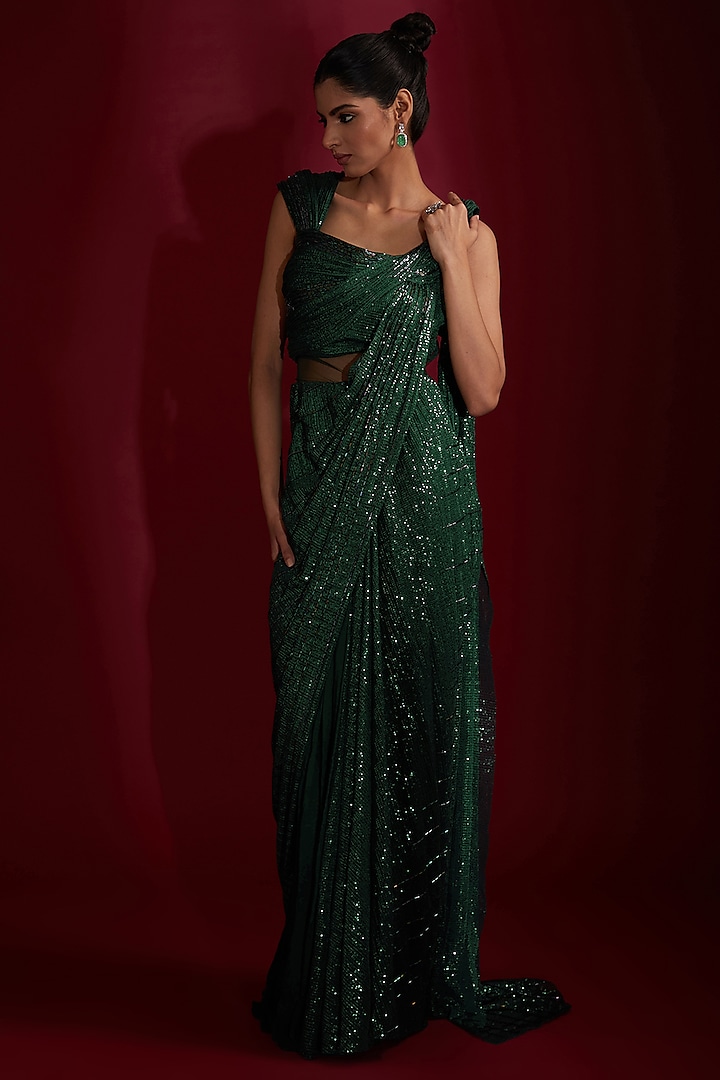 Emerald Green Sequins Bugle Bead Embroidered Sculpted Gown Saree by Gaurav Gupta