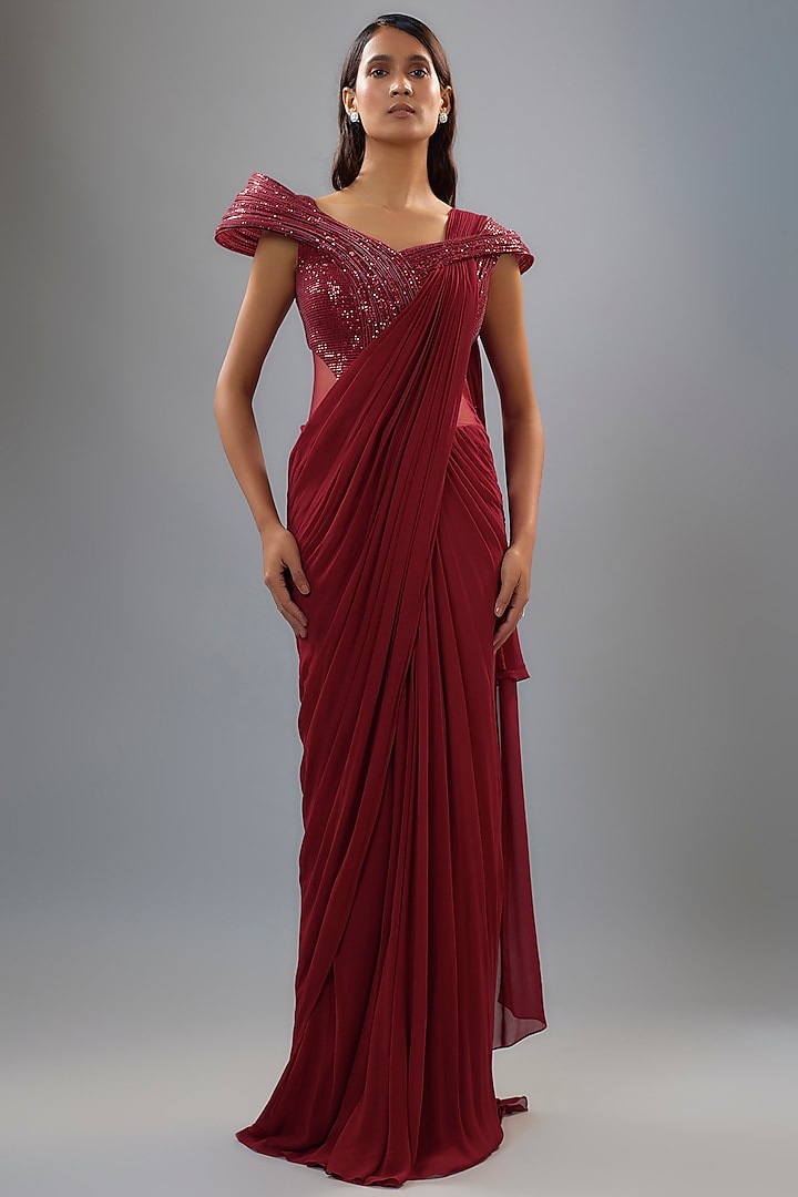 Red Sequins Gown Saree by Gaurav Gupta at Pernia's Pop Up Shop