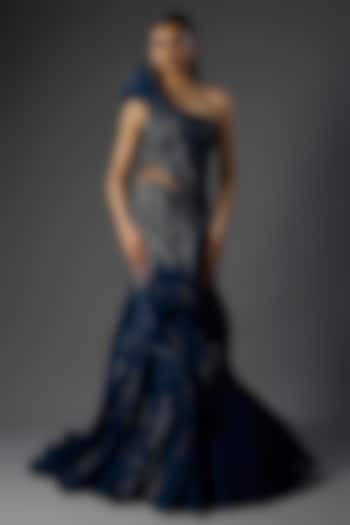 Midnight Blue Polyester Crepe Woven Sculpted Bridal Gown by Gaurav Gupta at Pernia's Pop Up Shop