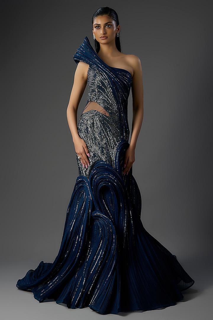 Midnight Blue Polyester Crepe Woven Sculpted Bridal Gown by Gaurav Gupta at Pernia's Pop Up Shop