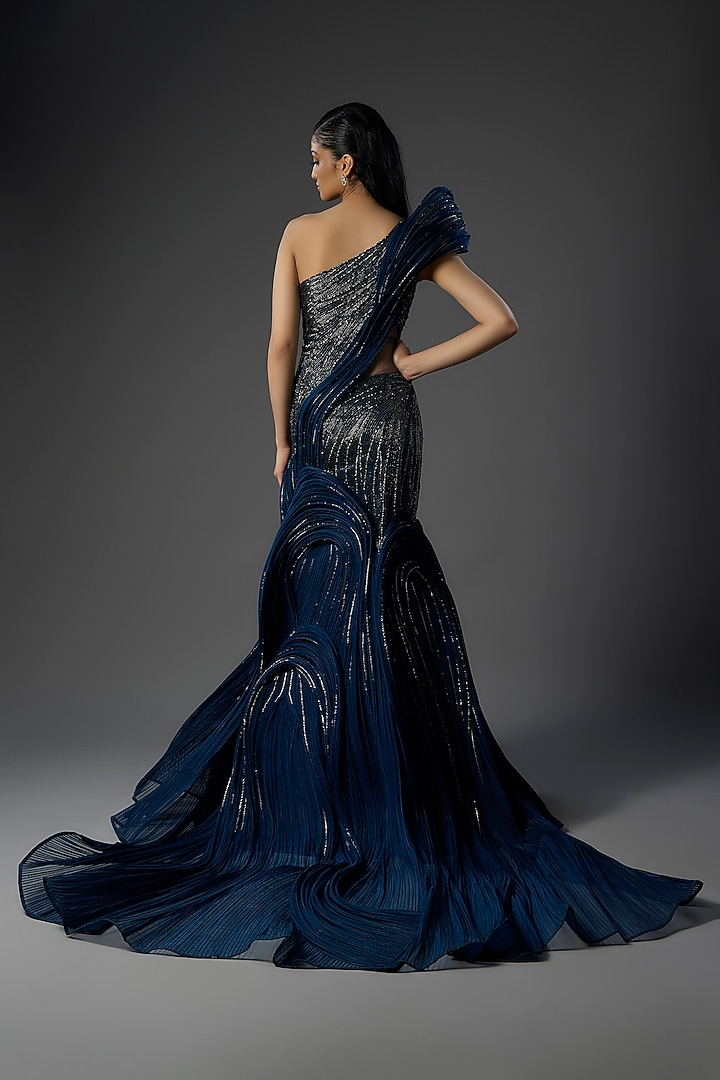 Midnight Blue Polyester Crepe Woven Sculpted Bridal Gown by Gaurav Gupta at Pernia's Pop Up Shop