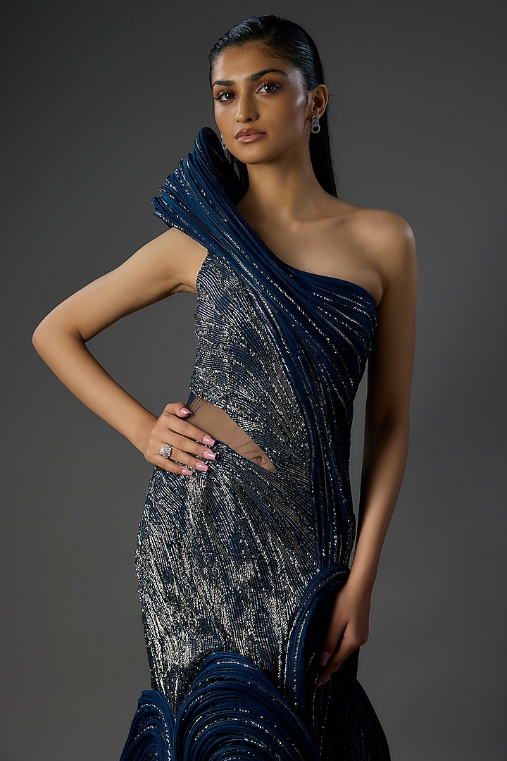 Midnight Blue Polyester Crepe Woven Sculpted Bridal Gown by Gaurav Gupta at Pernia's Pop Up Shop