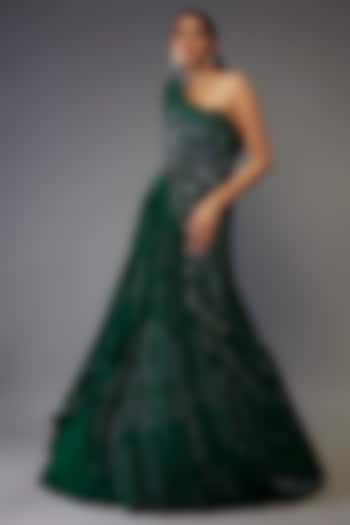 Emerald Green Silk Crepe Sculpted Bridal Gown by Gaurav Gupta at Pernia's Pop Up Shop