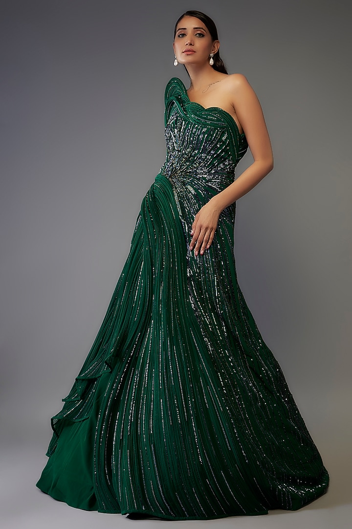 Emerald Green Silk Crepe Sculpted Bridal Gown by Gaurav Gupta at Pernia's Pop Up Shop