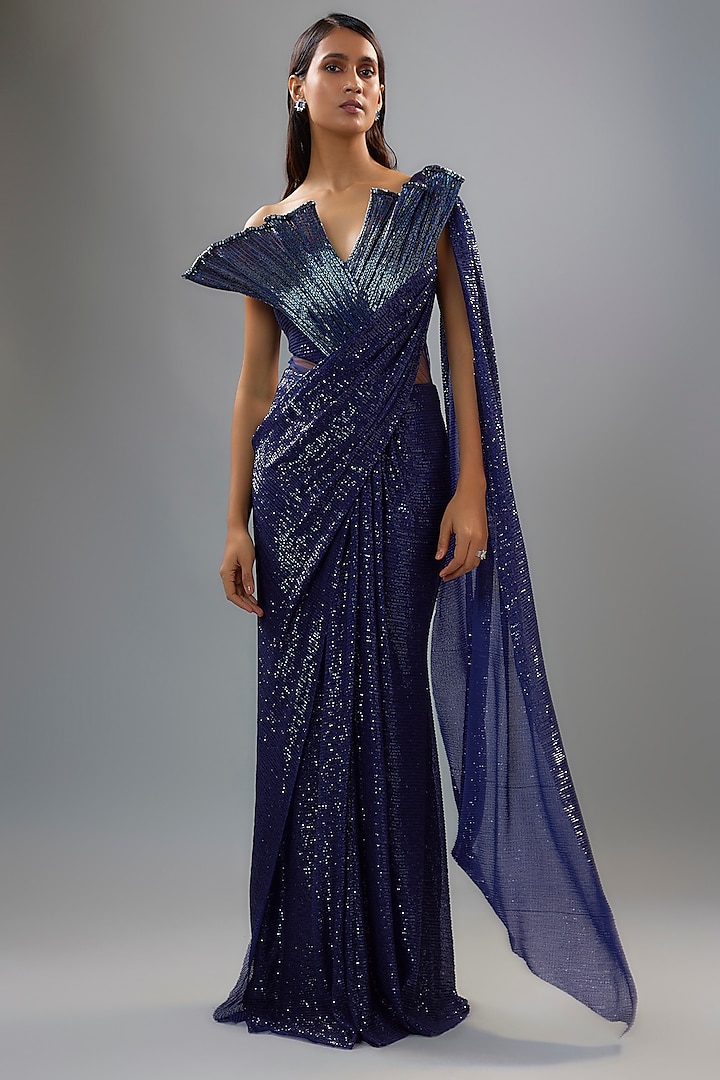 Sapphire Sequins Bugle Bead Embroidered Gown Saree by Gaurav Gupta at Pernia's Pop Up Shop