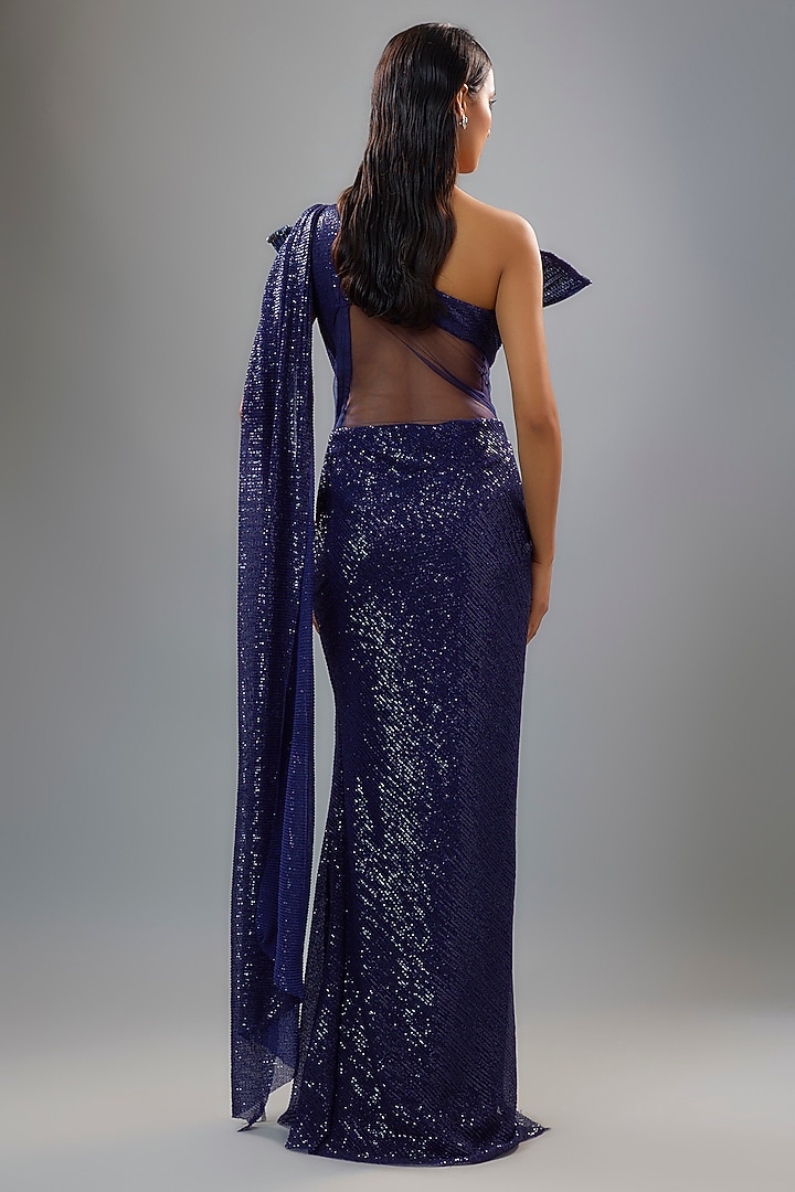 Sapphire Sequins Bugle Bead Embroidered Bridal Gown Saree by Gaurav Gupta at Pernia's Pop Up Shop