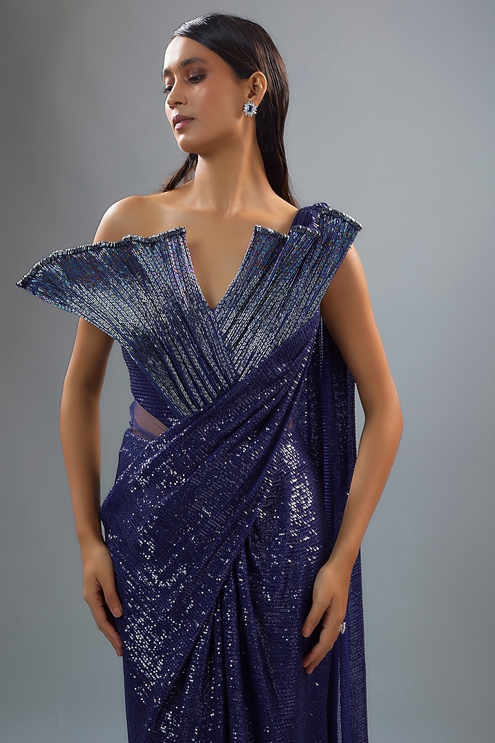 Sapphire Sequins Bugle Bead Embroidered Bridal Gown Saree by Gaurav Gupta at Pernia's Pop Up Shop