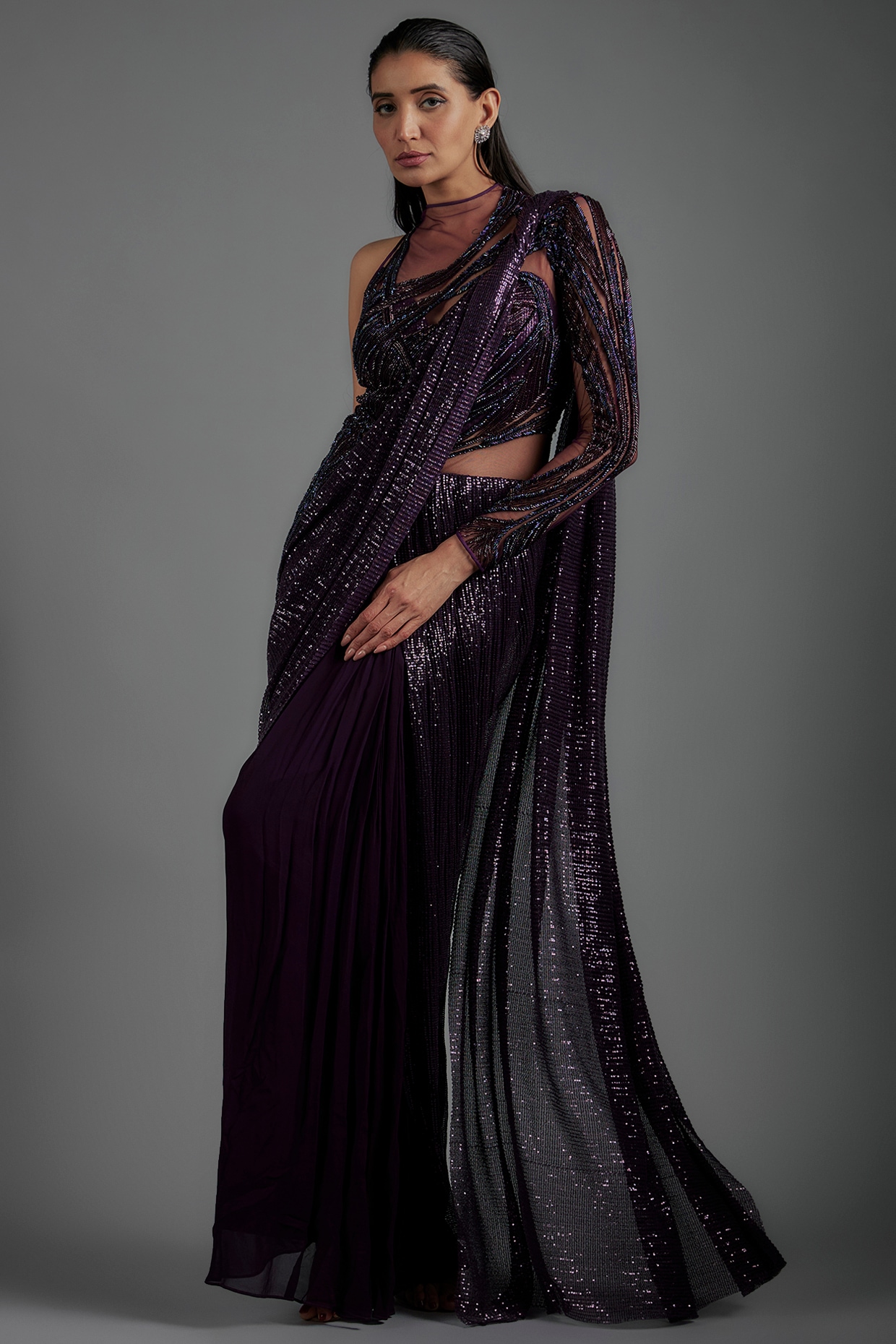 Grape Wine Georgette Banarasi Saree With Zari Checked Pattern - Sri Arya  Silks