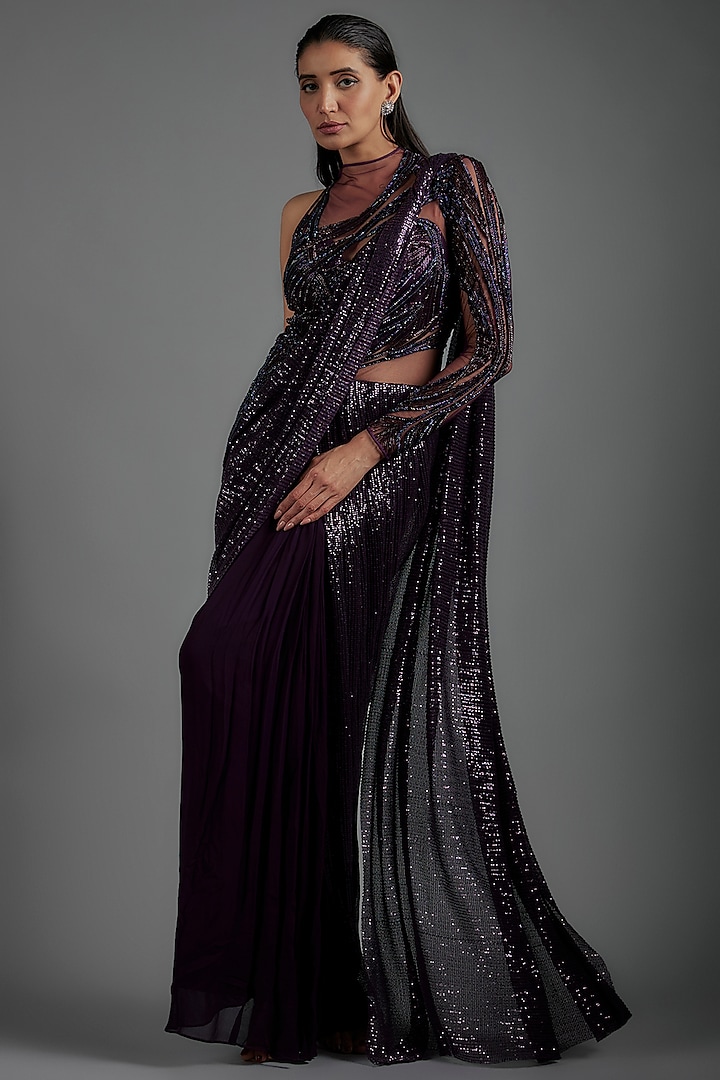 Grape Wine Sequins Bugle Bead Embroidered Gown Saree by Gaurav Gupta at Pernia's Pop Up Shop